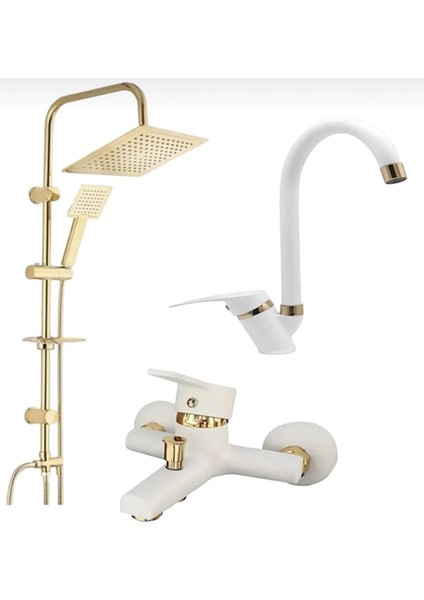 Beyaz Gold Robot Duş Seti Lavabo Banyo Bataryası 3’lü Set Takım