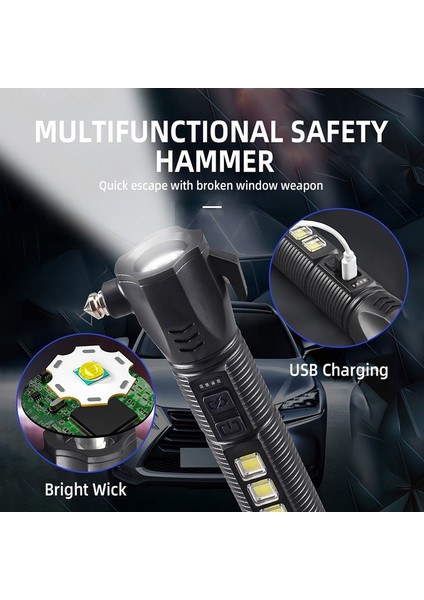 Çok Fonksiyonlu USB Şarj Edilebilir El Feneri Acil Güvenlik Çekiç Çalışma Işığı (Yurt Dışından) modelleri