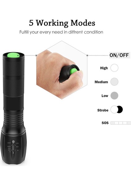 Ha Teleskopik LED El Feneri Şarjlı Kamp Flaş Işığı Mini Zumlanabilir Torch-Blackt6 Üst Seviye VERSION13.4*3.8*2.6CM (Yurt Dışından) modelleri