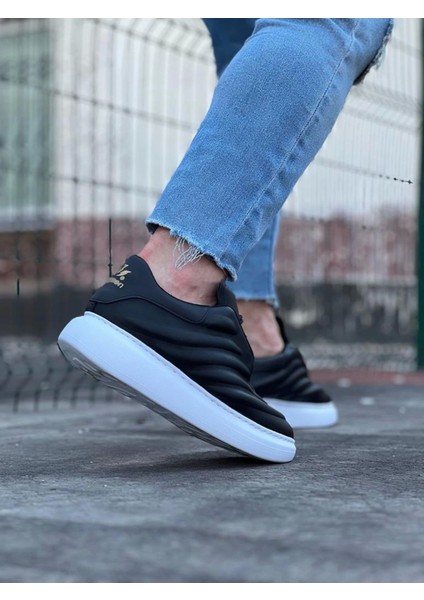 Özel Tasarım Malzeme Bağcıklı Rahat Taban Siyah Cilt Erkek Sneaker