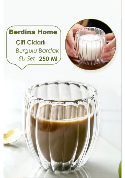 6lı Isıya Dayanıklı Borosilikat Çift Çidarlı Burgulu Bardak Kahve ve
