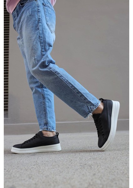 Bağcıklı Cilt Deri Ortopedik Taban Siyah (Beyaz ) Erkek Günlük Sneaker Ayakkabı modelleri