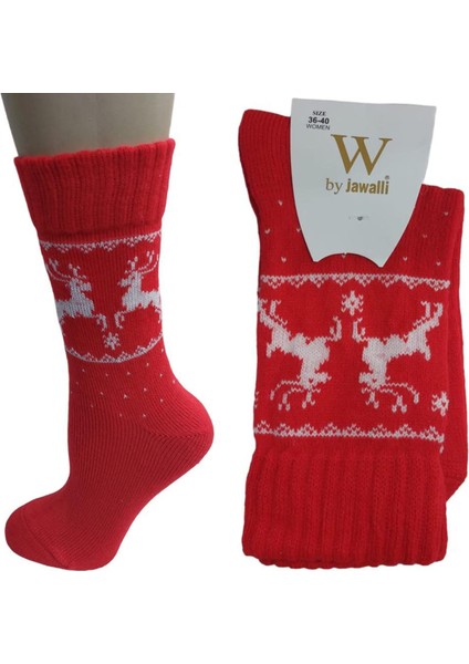 KIRMIZI GEYİK DESENLİ YILBAŞI PAMUKLU KADIN SOKET ÇORAP