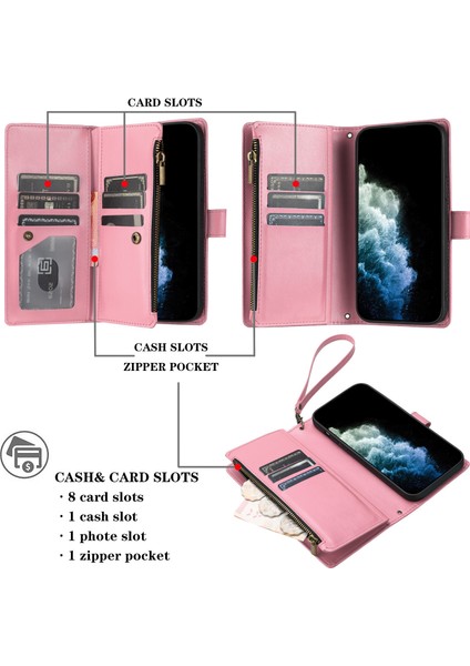 Oppo A55 5g ile Uyumlu Rfıd Engelleme Kredi Kartı Tutacağı Deri Fermuarlı Cüzdan Bilek Kayışı Kickstand Koruyucu Telefon Kılıfı (Yurt Dışından)