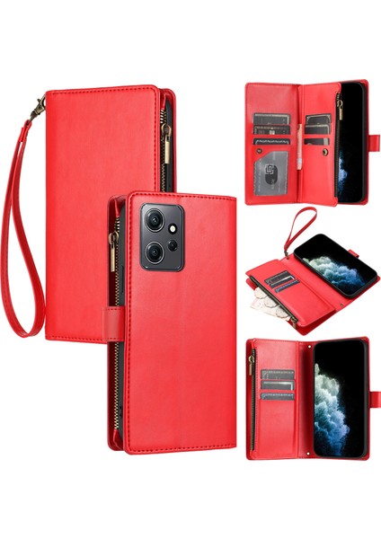Xiaomi Redmi Note 12 4g ile Uyumlu Rfıd Engelleme Kredi Kartı Tutacağı Deri Fermuarlı Cüzdan Bilek Kayışı Kickstand Koruyucu Telefon Kılıfı (Yurt Dışından)