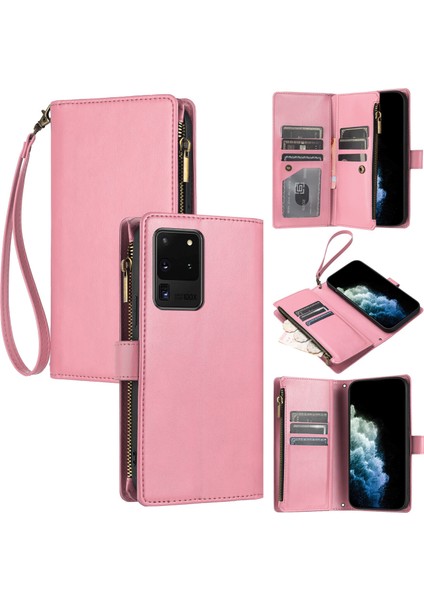 Samsung Galaxy S20 Ultra ile Uyumlu Rfıd Engelleme Kredi Kartı Tutacağı Deri Fermuarlı Cüzdan Bilek Kayışı Kickstand Koruyucu Telefon Kılıfı (Yurt Dışından)