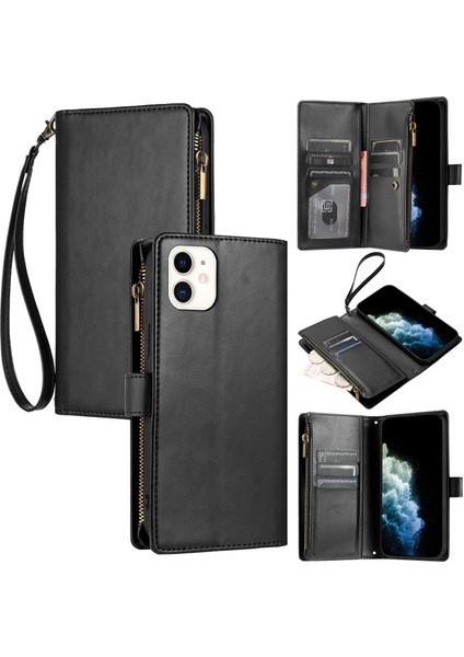 iPhone 11 ile Uyumlu Rfıd Engelleme Kredi Kartı Tutacağı Deri Fermuarlı Cüzdan Bilek Kayışı Kickstand Koruyucu Telefon Kılıfı (Yurt Dışından)