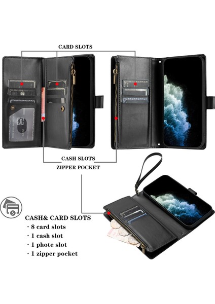 iPhone 11 ile Uyumlu Rfıd Engelleme Kredi Kartı Tutacağı Deri Fermuarlı Cüzdan Bilek Kayışı Kickstand Koruyucu Telefon Kılıfı (Yurt Dışından)