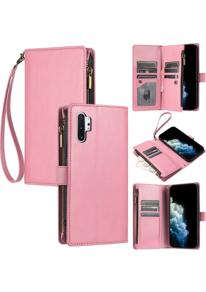 Samsung Galaxy Note 10 Plus ile Uyumlu Rfıd Engelleme Kredi Kartı Tutacağı Deri Fermuarlı Cüzdan Bilek Kayışı Kickstand Koruyucu Telefon Kılıfı (Yurt Dışından)