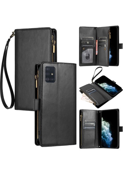 Samsung Galaxy A71 4g ile Uyumlu Rfıd Engelleme Kredi Kartı Tutacağı Deri Fermuarlı Cüzdan Bilek Kayışı Kickstand Koruyucu Telefon Kılıfı (Yurt Dışından)
