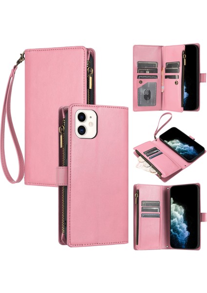 iPhone 12 Mini ile Uyumlu Rfıd Engelleme Kredi Kartı Tutacağı Deri Fermuarlı Cüzdan Bilek Kayışı Kickstand Koruyucu Telefon Kılıfı (Yurt Dışından)