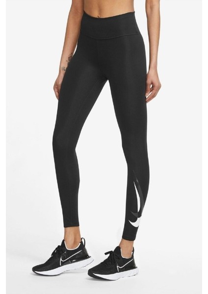 One Dri Fit Big Double Swoosh Leggings Toparlayıcı 2 Iç Cepli Siyah Tayt