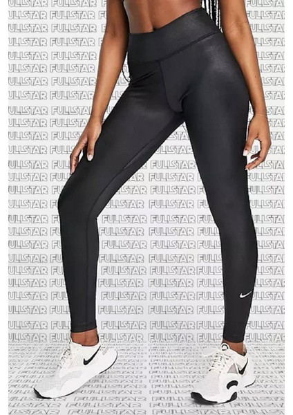 One Dri Fit Training Shine Black Leggings Toparlayıcı 2 Iç Cepli Siyah Parlak Tayt