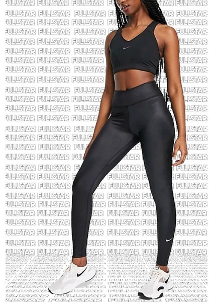 One Dri Fit Training Shine Black Leggings Toparlayıcı 2 Iç Cepli Siyah Parlak Tayt