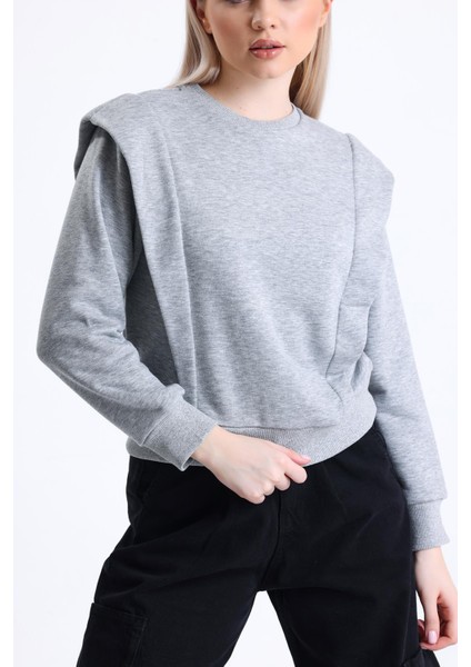 Gri Melanj Omuz Detaylı Bisiklet Yaka Sweatshirt