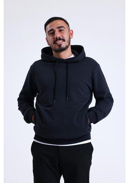 Lacivert Yandan Cepli Kapüşonlu Sweatshirt