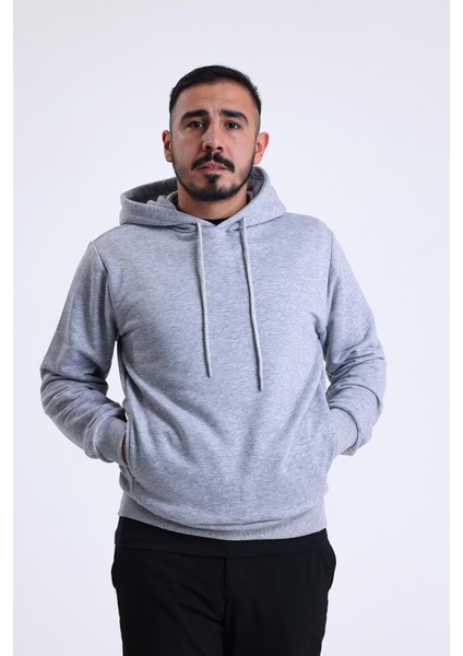 Gri Melanj Yandan Cepli Kapüşonlu Sweatshirt