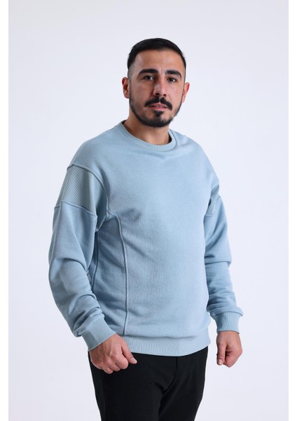 Gök Mavisi Parçalı Kaşkorse Detaylı Bisiklet Yaka Sweatshirt