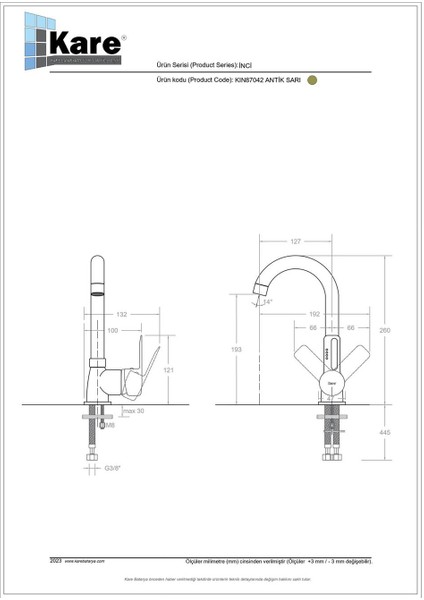 Inci Mix Antik Sarı Lavabo Bataryası (Kısa Borulu)