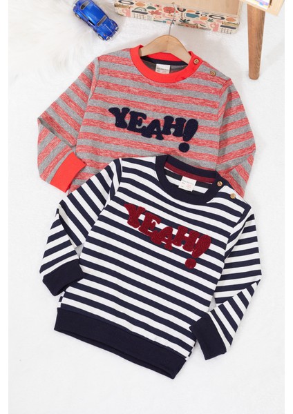 Erkek Bebek Yazı Nakışlı Çizgili 2li Sweatshirt Lacivert-Kırmızı 17333