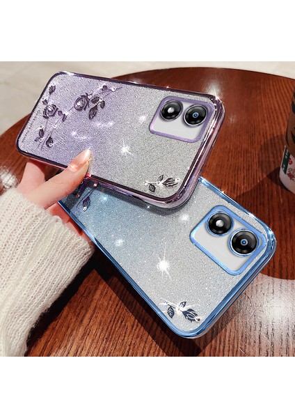 Motorola Moto E13 4g Tpu Çiçek Deseni Glitter Kayış Telefon Kılıfı (Yurt Dışından)
