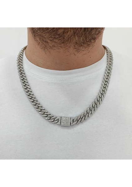 12 Mm. Gri Kalın 60 Cm. Taşlı Alloy Erkek Zincir EU77BY