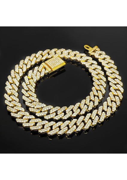 12 Mm. Gold Kalın 60 Cm. Taşlı Alloy Erkek Zincir EU77SR