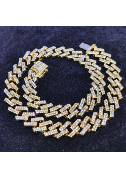 15 Mm. Gold Kalın 45 Cm. Taşlı Alloy Kadın Zincir EU79SR