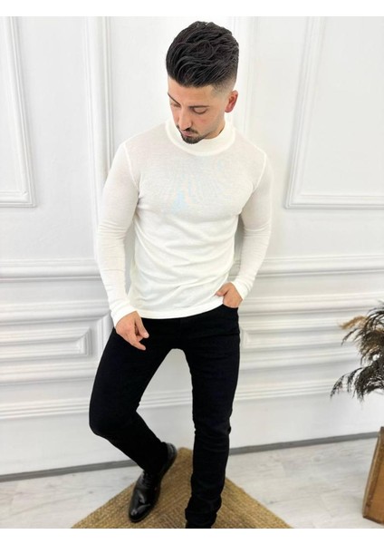Kazak Slim Fit Tüylenmez Naturel Pamuk Triko Boğazlı Balıkçı Yaka Kazak