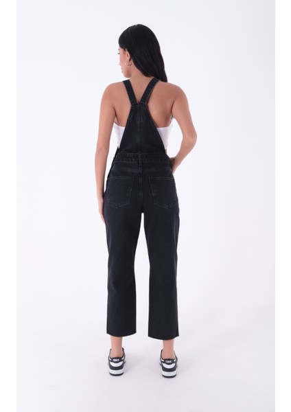 Yanları Mom Fit Kadın Kot Tulum Antrasit Denim modelleri