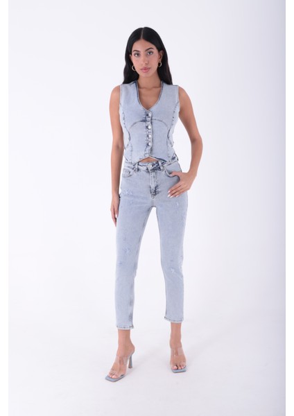 Yüksek Belli ve Yırtıklı Cepli Bilek Boy Kadın Kot Pantolon Normal Koyu Mavi Denim Dört Mevsim fiyatları