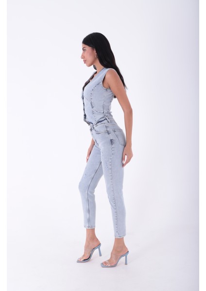 Yüksek Belli ve Yırtıklı Cepli Bilek Boy Kadın Kot Pantolon Normal Koyu Mavi Denim Dört Mevsim fırsatları