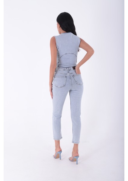 Yüksek Belli ve Yırtıklı Cepli Bilek Boy Kadın Kot Pantolon Normal Koyu Mavi Denim Dört Mevsim modelleri