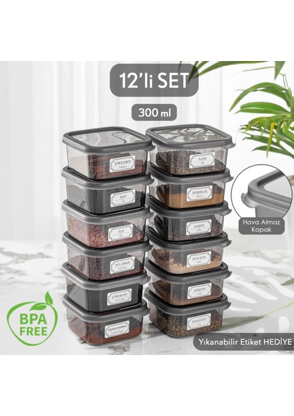 12'li Kapaklı Kare Erzak Saklama Kabı Seti Baharatlık Seti Etiketli 12X 300 ml
