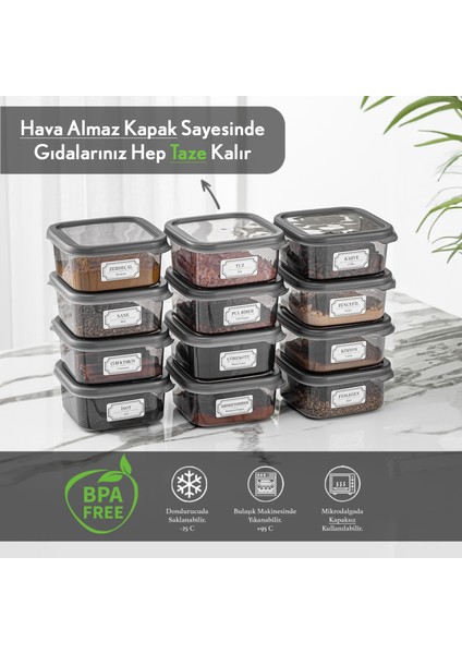 12'li Kapaklı Kare Erzak Saklama Kabı Seti Baharatlık Seti Etiketli 12X 300 ml modelleri