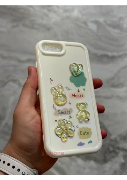 iPhone Se 2022 Kılıf 3D Kabartma Emoji Figür Ayıcık Çiçek Kurdele Happy Good Luck Funny Heart Toys