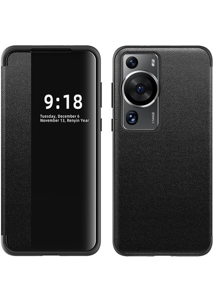 Huawei Mate 50 Pro Düz Deri Pencere Cep Telefonu Kılıfı (Yurt Dışından)