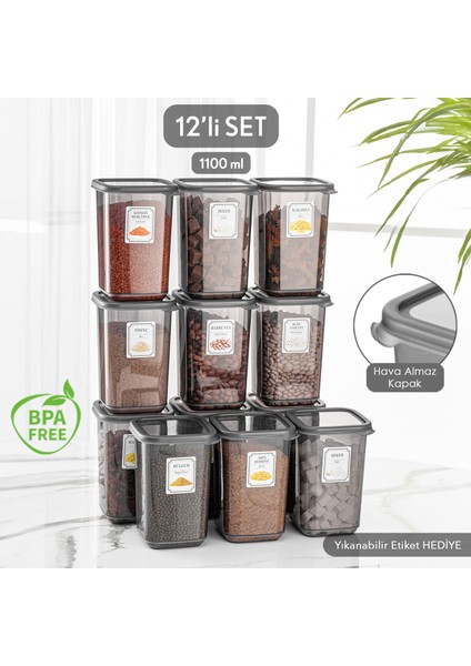 12'li Set Melly Sızdırmaz Kapaklı Kare Erzak Saklama Kabı Antrasit 12 x 1.10 Lt Etiketli