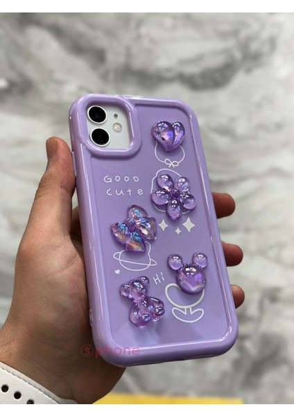 iPhone 12 Kılıf 3D Kabartma Emoji Figür Ayıcık Çiçek Kurdele Happy Good Luck Funny Heart Toys