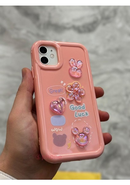 iPhone 12 Kılıf 3D Kabartma Emoji Figür Ayıcık Çiçek Kurdele Happy Good Luck Funny Heart Toys