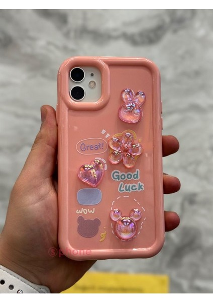 iPhone 12 Kılıf 3D Kabartma Emoji Figür Ayıcık Çiçek Kurdele Happy Good Luck Funny Heart Toys