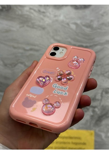 iPhone 12 Kılıf 3D Kabartma Emoji Figür Ayıcık Çiçek Kurdele Happy Good Luck Funny Heart Toys