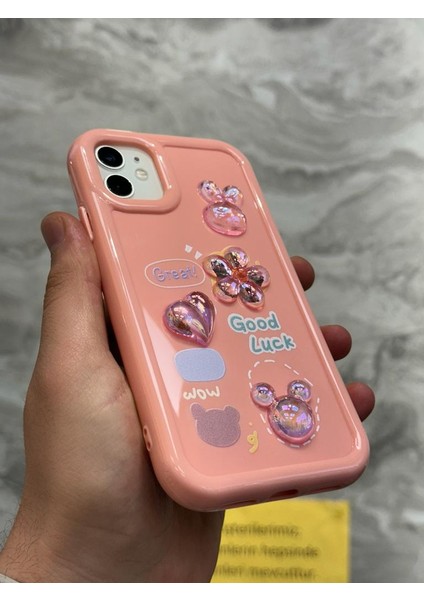 iPhone 12 Kılıf 3D Kabartma Emoji Figür Ayıcık Çiçek Kurdele Happy Good Luck Funny Heart Toys