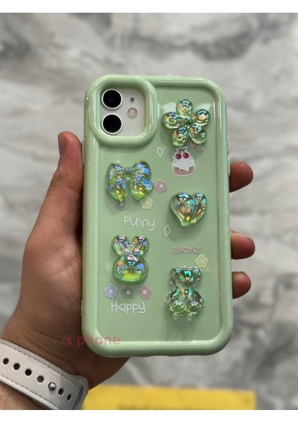 iPhone 12 Kılıf 3D Kabartma Emoji Figür Ayıcık Çiçek Kurdele Happy Good Luck Funny Heart Toys