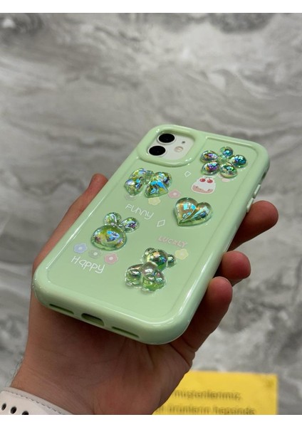 iPhone 12 Kılıf 3D Kabartma Emoji Figür Ayıcık Çiçek Kurdele Happy Good Luck Funny Heart Toys