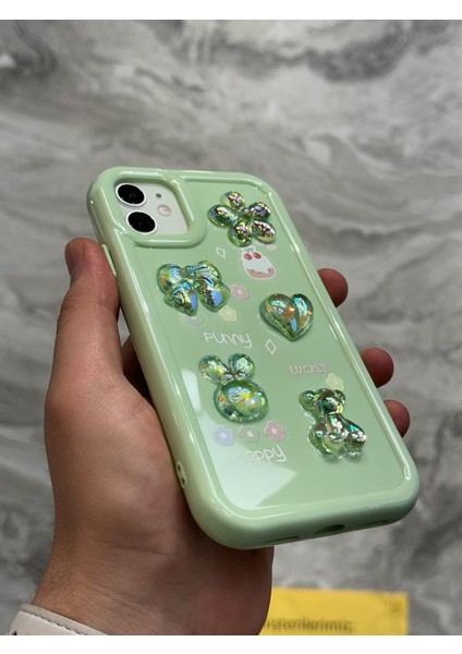 iPhone 12 Kılıf 3D Kabartma Emoji Figür Ayıcık Çiçek Kurdele Happy Good Luck Funny Heart Toys