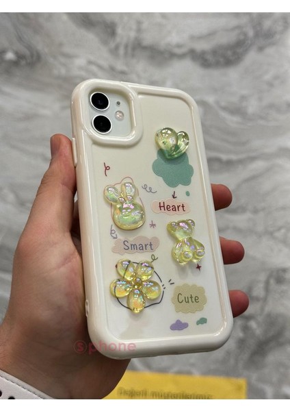 iPhone 12 Kılıf 3D Kabartma Emoji Figür Ayıcık Çiçek Kurdele Happy Good Luck Funny Heart Toys