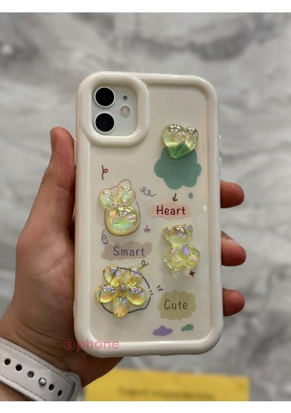 iPhone 12 Kılıf 3D Kabartma Emoji Figür Ayıcık Çiçek Kurdele Happy Good Luck Funny Heart Toys