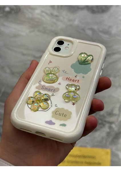 iPhone 12 Kılıf 3D Kabartma Emoji Figür Ayıcık Çiçek Kurdele Happy Good Luck Funny Heart Toys