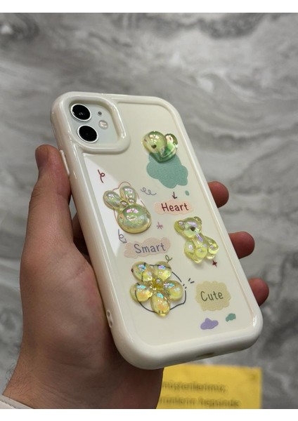 iPhone 12 Kılıf 3D Kabartma Emoji Figür Ayıcık Çiçek Kurdele Happy Good Luck Funny Heart Toys